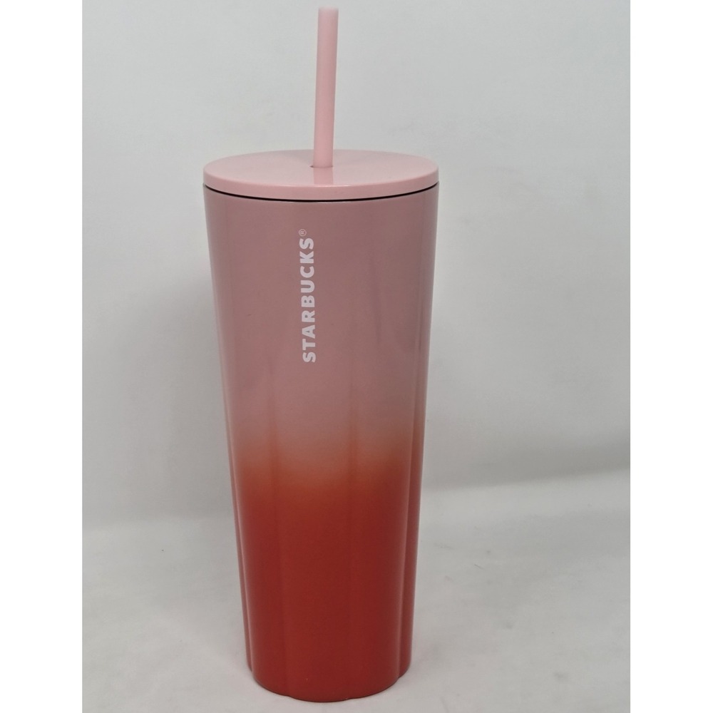 NEW‎ Starbucks 2020 Holiday Tumbler Ombre Pink Red Puffy Stainless w/Straw 24 o